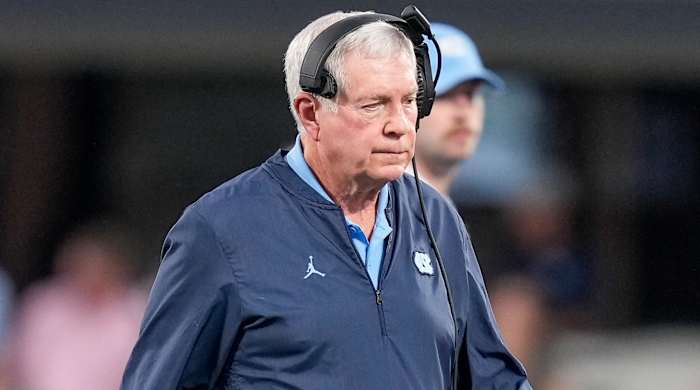 North Carolina football coach Mack Brown on the field